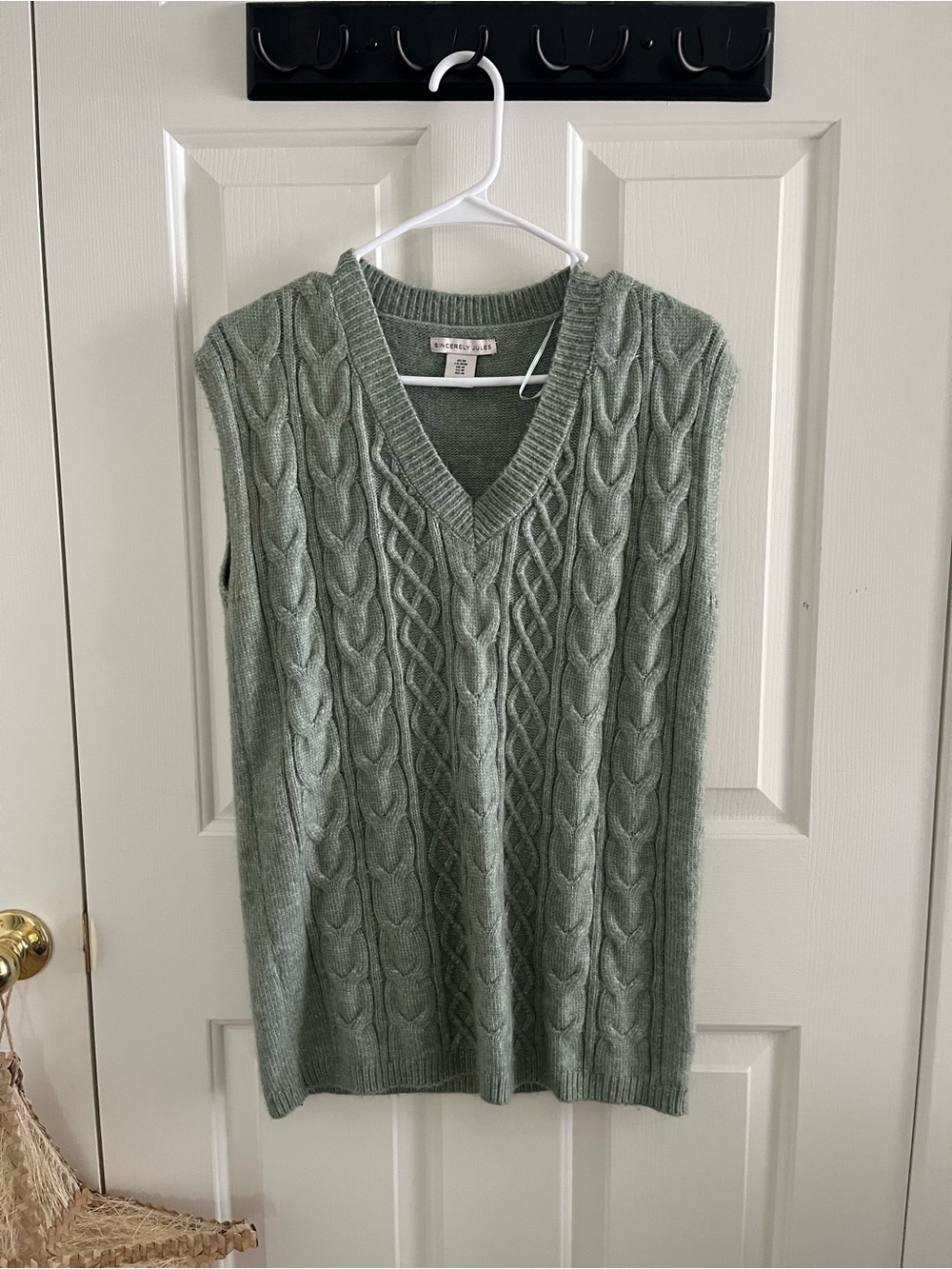 Sincerely Jules Sage Green Cable-Knit V-Neck Sweater Vest